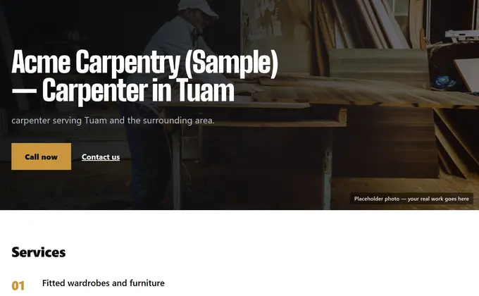 Screenshot of the sample carpentry site, showing a craft-focused layout