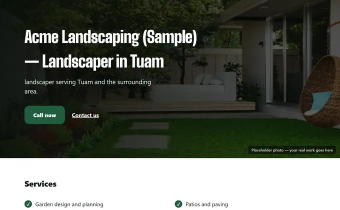 Screenshot of the sample landscaping site, showing a general-trade layout