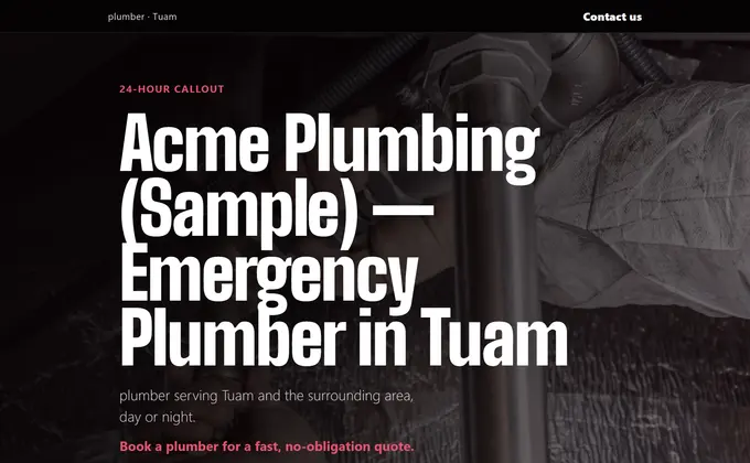 Screenshot of the sample emergency-plumber site, showing a phone-first tap-to-call hero