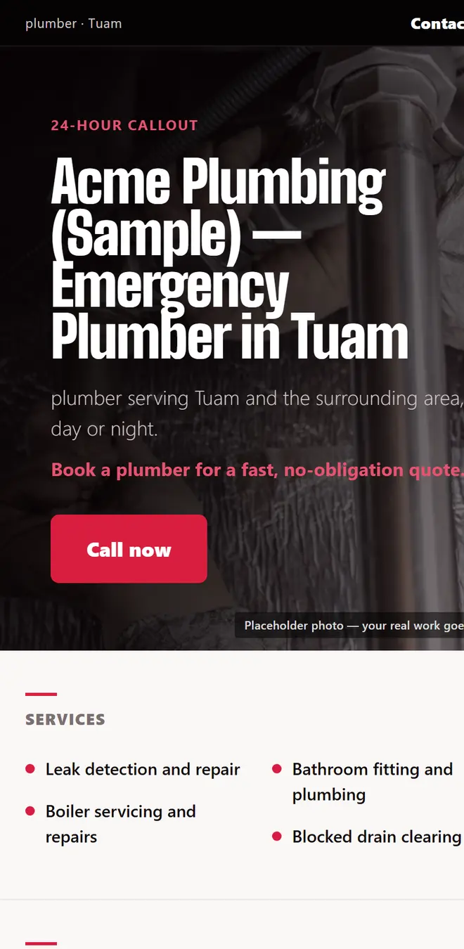 A one-page mobile website I built for a sample plumbing business, with a tap-to-call hero